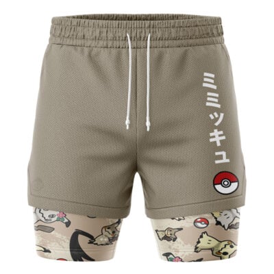 The Umbreon Trippy Pokemon 2-in-1 Performance Shorts feature khaki athletic shorts with white Japanese text and a Poké Ball graphic, layered over beige compression shorts with playful Pokémon and Poké Ball patterns.