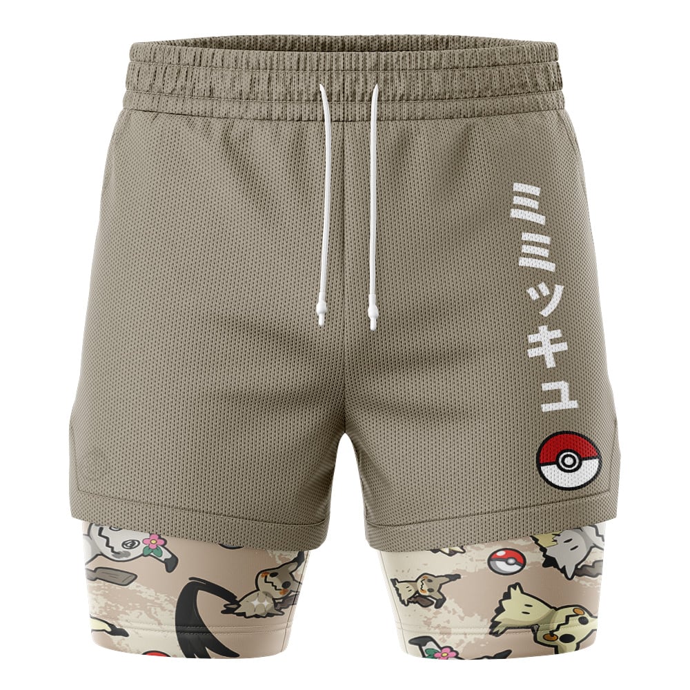 The Umbreon Trippy Pokemon 2-in-1 Performance Shorts feature khaki athletic shorts with white Japanese text and a Poké Ball graphic, layered over beige compression shorts with playful Pokémon and Poké Ball patterns.