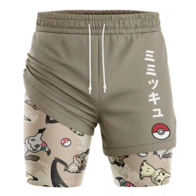 Umbreon Trippy Pokemon 2-in-1 Performance Shorts feature beige athletic design with Pokémon-themed graphics, including Mimikyu, Poké Balls, and vertical Japanese katakana by a Poké Ball on the right leg.