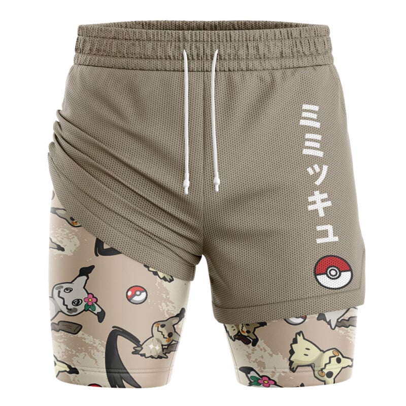Umbreon Trippy Pokemon 2-in-1 Performance Shorts feature beige athletic design with Pokémon-themed graphics, including Mimikyu, Poké Balls, and vertical Japanese katakana by a Poké Ball on the right leg.