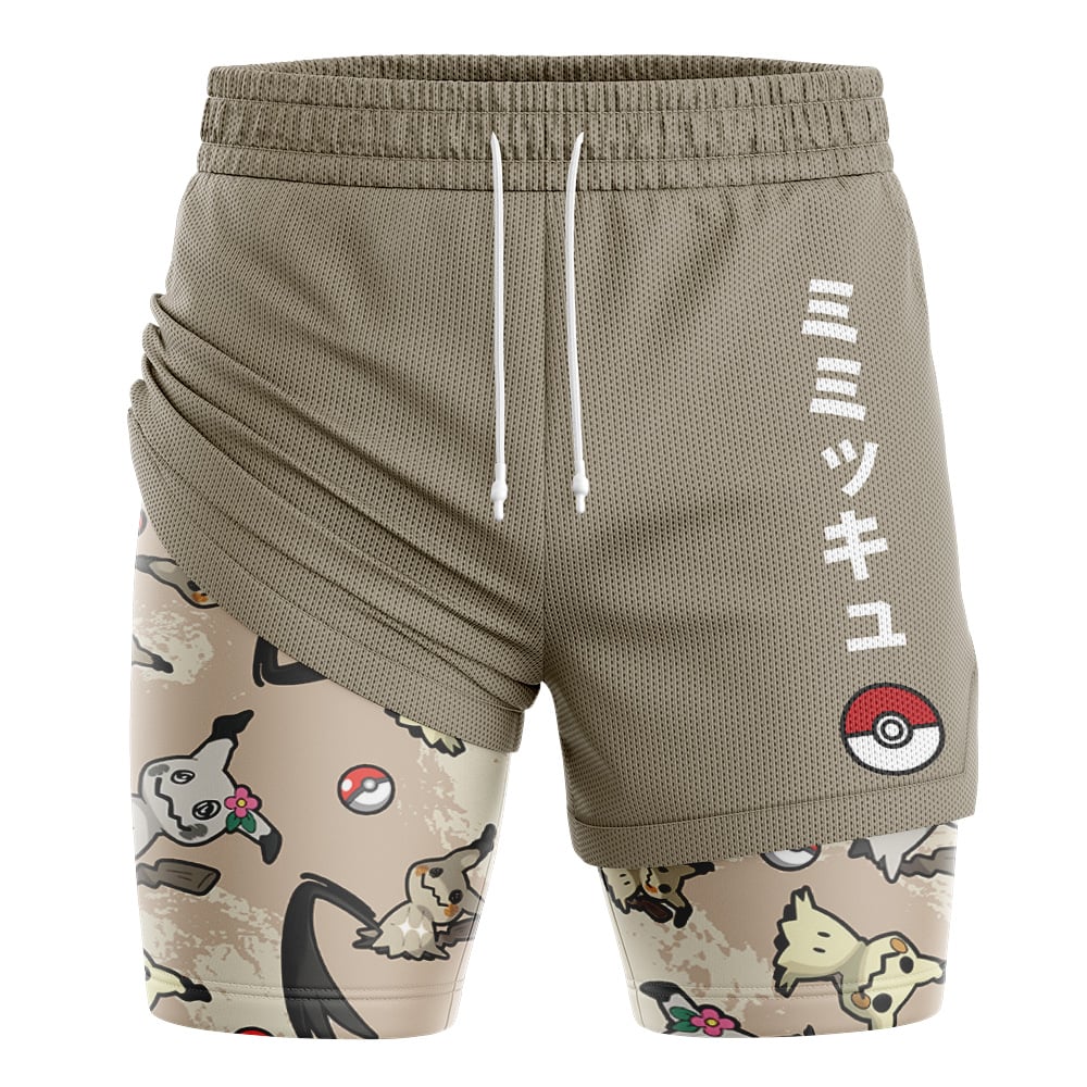 Umbreon Trippy Pokemon 2-in-1 Performance Shorts feature beige athletic design with Pokémon-themed graphics, including Mimikyu, Poké Balls, and vertical Japanese katakana by a Poké Ball on the right leg.