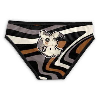 Snorlax Trippy Pokemon Panties feature Snorlax with a ghostly look and stitched mouth on a wavy black, brown, white, and gray abstract background.