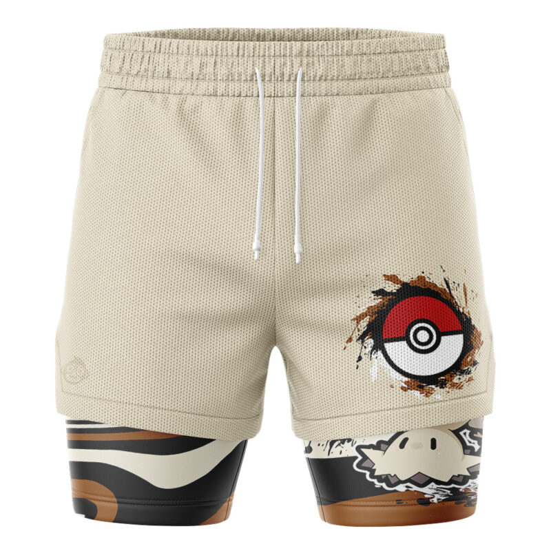 The Mewtwo Trippy Pokemon 2-in-1 Performance Shorts feature beige mesh with a Poké Ball and mud splatter, plus black and brown compression liners showing a cartoon mud character on the right leg.