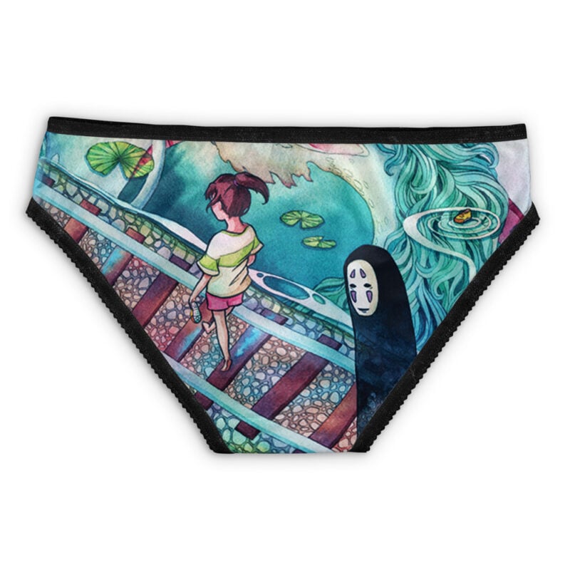 No Face Studio Ghibli Panties featuring an illustrated girl on train tracks, lily pads on water, swirling blue motifs, and a black-and-white masked spirit character inspired by Spirited Away.