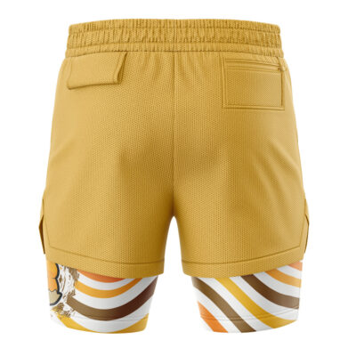 Back view of Pikachu Trippy Pokemon 2-in-1 Performance Shorts in mustard yellow, featuring an elastic waistband, two back pockets, and attached inner compression shorts with a trippy wavy pattern in white, brown, orange, and yellow.