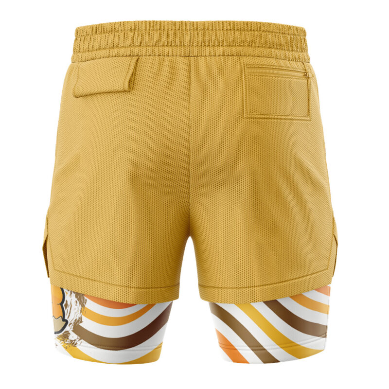 Back view of Pikachu Trippy Pokemon 2-in-1 Performance Shorts in mustard yellow, featuring an elastic waistband, two back pockets, and attached inner compression shorts with a trippy wavy pattern in white, brown, orange, and yellow.