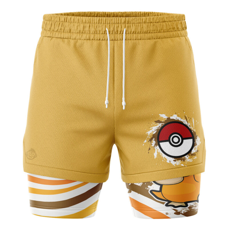 The Pikachu Trippy Pokemon 2-in-1 Performance Shorts feature yellow athletic outer shorts with a printed Poké Ball on the right side and attached inner compression shorts with brown, yellow, and white stripes plus a partial Psyduck graphic.