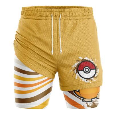 The Pikachu Trippy Pokemon 2-in-1 Performance Shorts are yellow with a white drawstring, a Poké Ball graphic on one leg, and orange, white, and brown wavy stripes with part of Pikachu on the other leg.