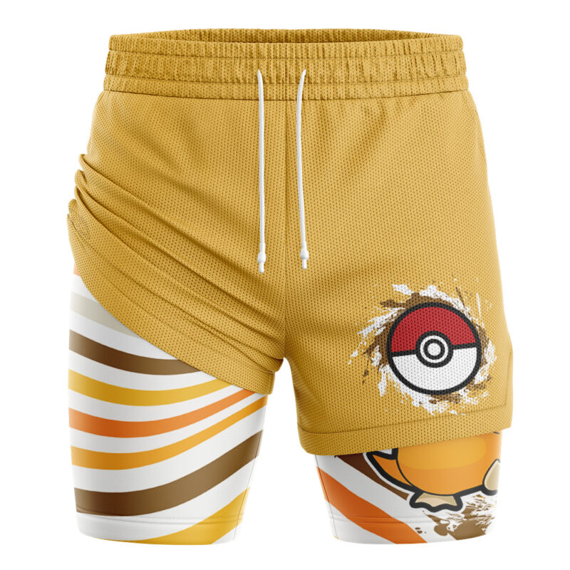 The Pikachu Trippy Pokemon 2-in-1 Performance Shorts are yellow with a white drawstring, a Poké Ball graphic on one leg, and orange, white, and brown wavy stripes with part of Pikachu on the other leg.