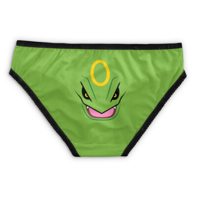 Squirtle Face Pokemon Panties: Green underwear with black trim featuring a cartoon Squirtle face—yellow eyes, open mouth with pink tongue, and a yellow circle symbol on the forehead—centered on the front.
