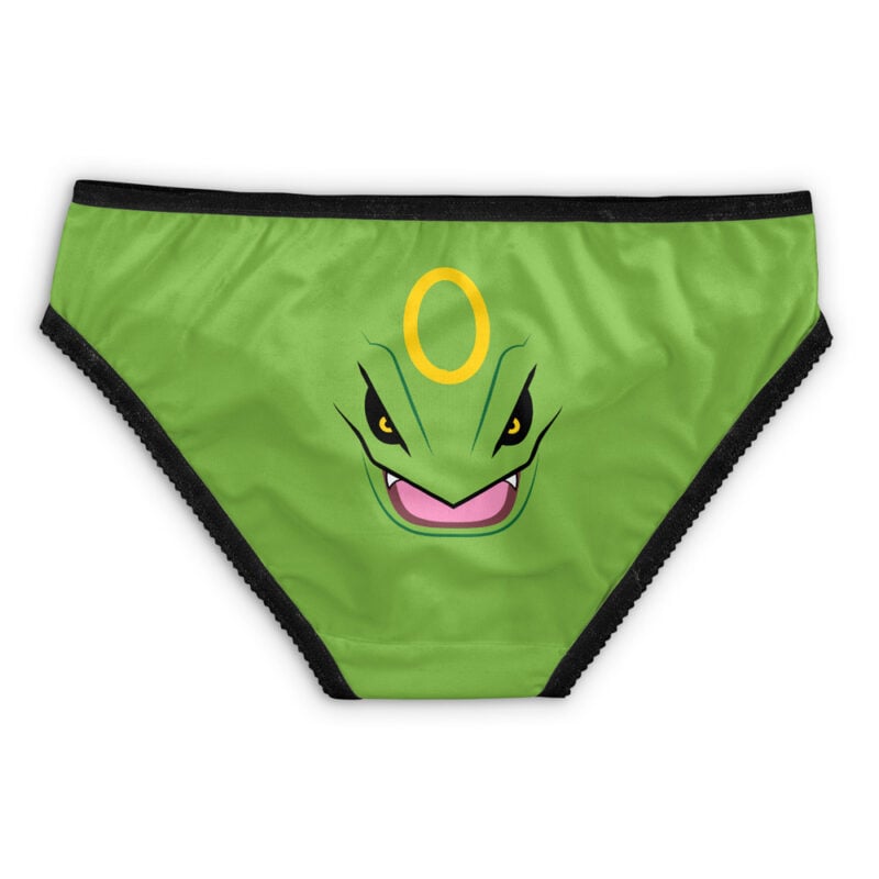 Squirtle Face Pokemon Panties: Green underwear with black trim featuring a cartoon Squirtle face—yellow eyes, open mouth with pink tongue, and a yellow circle symbol on the forehead—centered on the front.