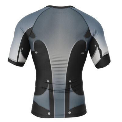 The Default Short Sleeve Rash Guard Compression Shirt features a futuristic, armor-like design in black, gray, and silver tones on the back, with a pattern resembling robotic or mechanical elements.