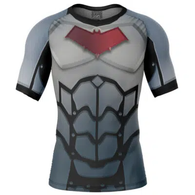 The Default Short Sleeve Rash Guard Compression Shirt (Copy) features a graphic design inspired by futuristic superhero battle armor, with a red bat symbol on the chest and gray and black detailing.
