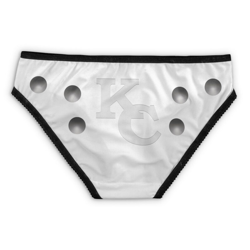 Millenium Puzzle Yugioh Panties: White underwear with black trim, large gray polka dots, and a faint KC logo on the front.