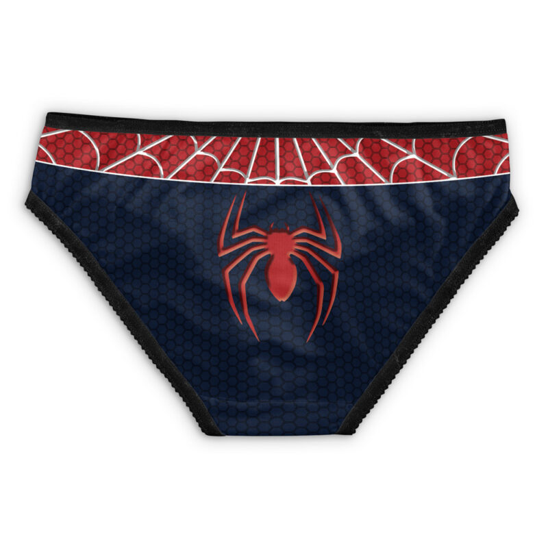 The Venom Marvel Panties (Copy) feature a red spider emblem on a dark blue, hexagon-patterned background and a red waistband with a white web design.