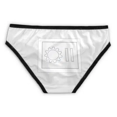 White women's underwear with black trim, featuring a simple gear and lines graphic on the front. Product: Lord Drakkon Mighty Morphin Power Rangers Panties (Copy).