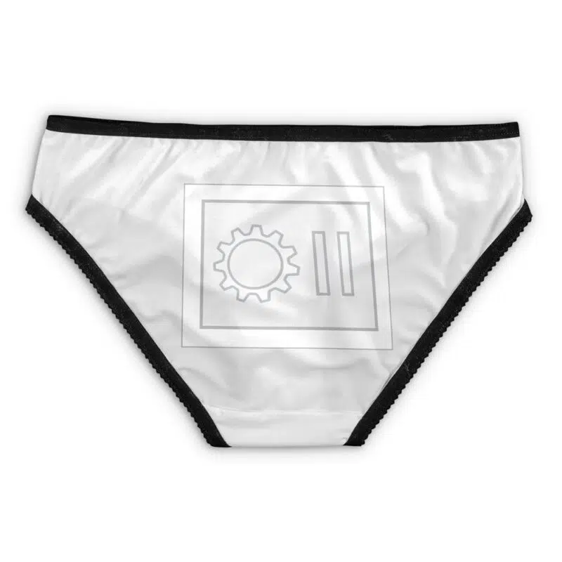 White women's underwear with black trim, featuring a simple gear and lines graphic on the front. Product: Lord Drakkon Mighty Morphin Power Rangers Panties (Copy).