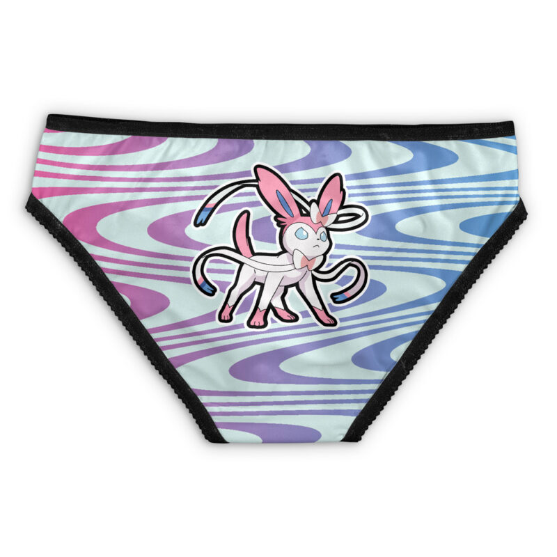 Women’s underwear with black trim, displaying a pastel blue and pink wavy pattern and a centered illustration of Togepi, inspired by the Togepi Trippy Pokemon Panties.
