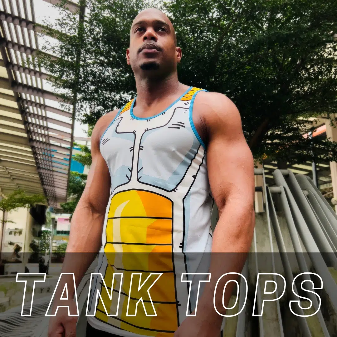 A muscular man wears a colorful, graphic tank top resembling anime armor while standing outdoors near greenery and modern architecture. The words TANK TOPS appear in bold text at the bottom.