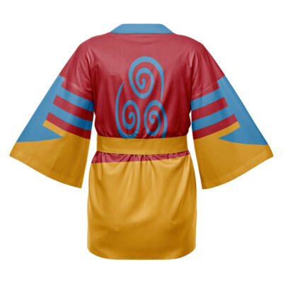The Survey Corps Attack On Titan Happi Coat Haori Kimono features a vibrant design with blue, red, and yellow panels, three blue spirals on the red upper back, blue geometric shapes and red stripes on the sleeves, plus a yellow belt and lower half.