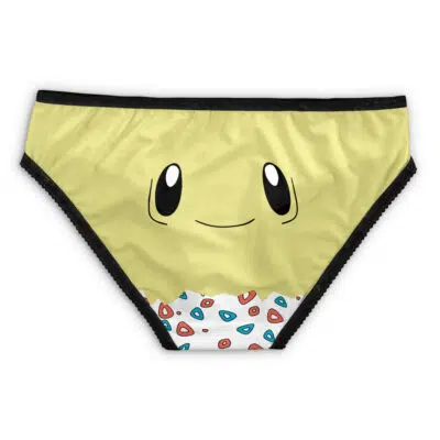 Totodile Face Pokemon Panties: Yellow bikini-style underwear with black trim, a cute Totodile cartoon face, and red, blue, and white geometric shapes at the bottom center.
