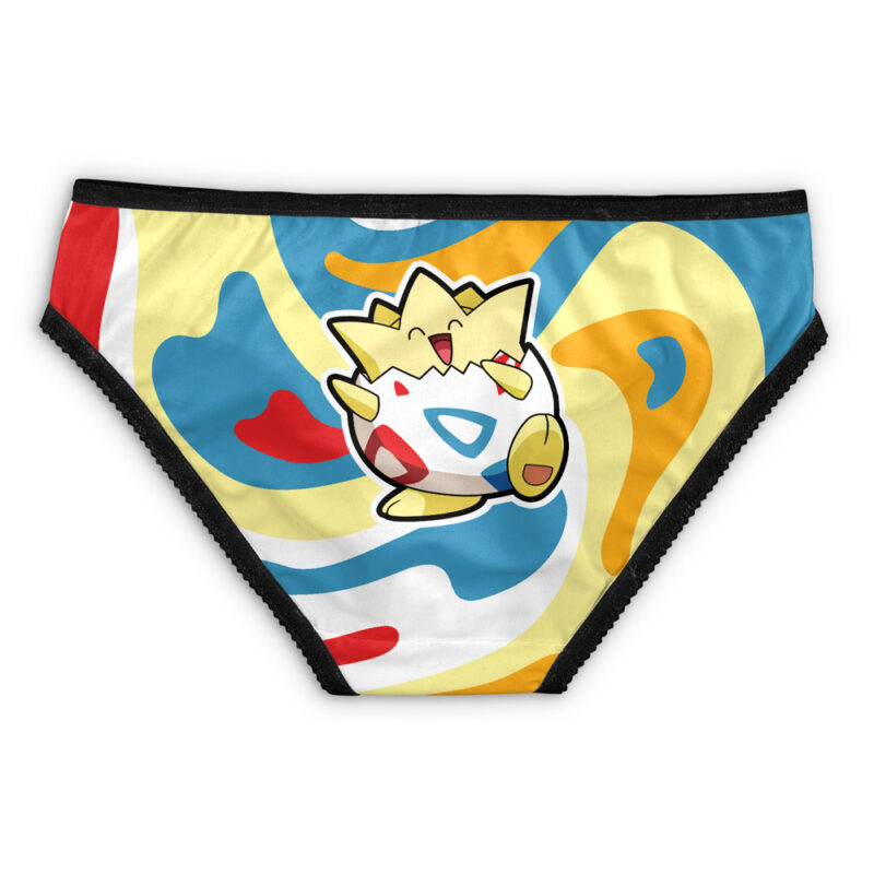 Vibrant bikini bottom named "Totodile Trippy Pokemon Panties," featuring a cartoon Totodile with a swirling blue, yellow, and red background and black trim along the edges.