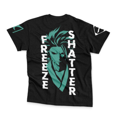 The Sozuke Aizen A Futile Effort Bleach Streetwear T-Shirt features an anime-style teal-haired character centered on a black shirt, with "FREEZE" and "SHATTER" printed vertically in bold white on each side.