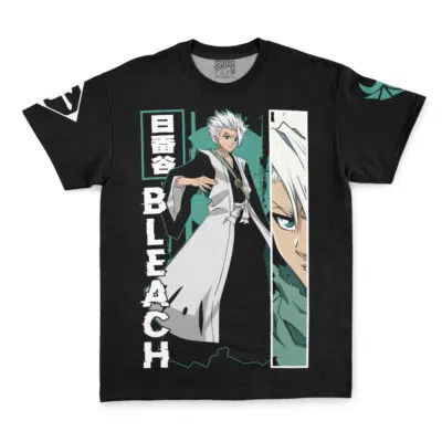 Sozuke Aizen A Futile Effort Bleach Streetwear T-Shirt features the anime character Sozuke Aizen with Japanese text, "BLEACH" lettering, and bold illustrated panels in teal and white tones.