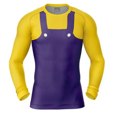 The Super Mario Bros Short Sleeve Rash Guard Compression Shirt features a yellow shirt design with purple overalls and two white buttons on the chest.