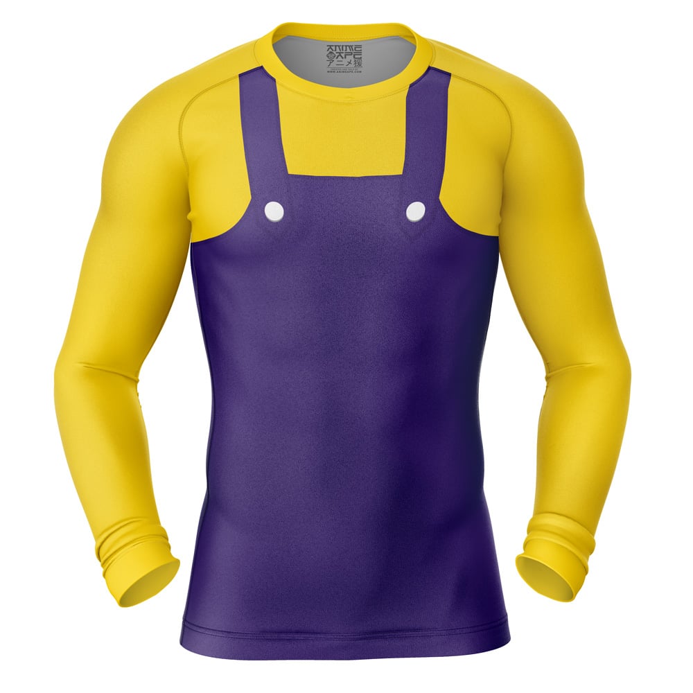 The Super Mario Bros Short Sleeve Rash Guard Compression Shirt features a yellow shirt design with purple overalls and two white buttons on the chest.
