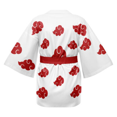 The Akatsuki Pattern Shippuden Happi Coat Haori Kimono features wide sleeves, bold red cloud designs, and a matching sash, shown from the back.