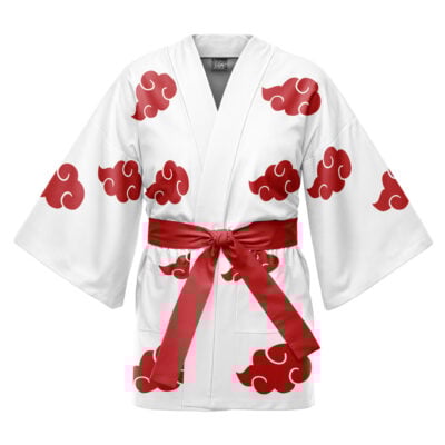 The Akatsuki Pattern Shippuden Happi Coat Haori Kimono is a white kimono-style robe with wide sleeves, red cloud designs, and a matching wide red sash at the waist.