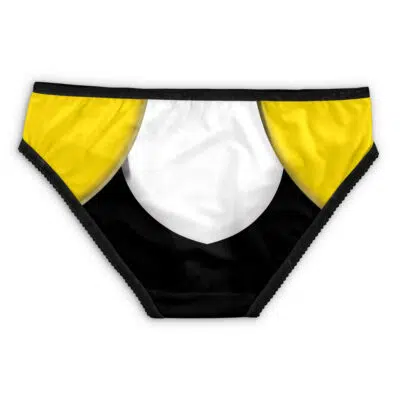 The Silver Psycho Psycho Ranger Panties (Copy) are bikini-style underwear with a striking color-block design: yellow sides, white center, black bottom, and black trim.