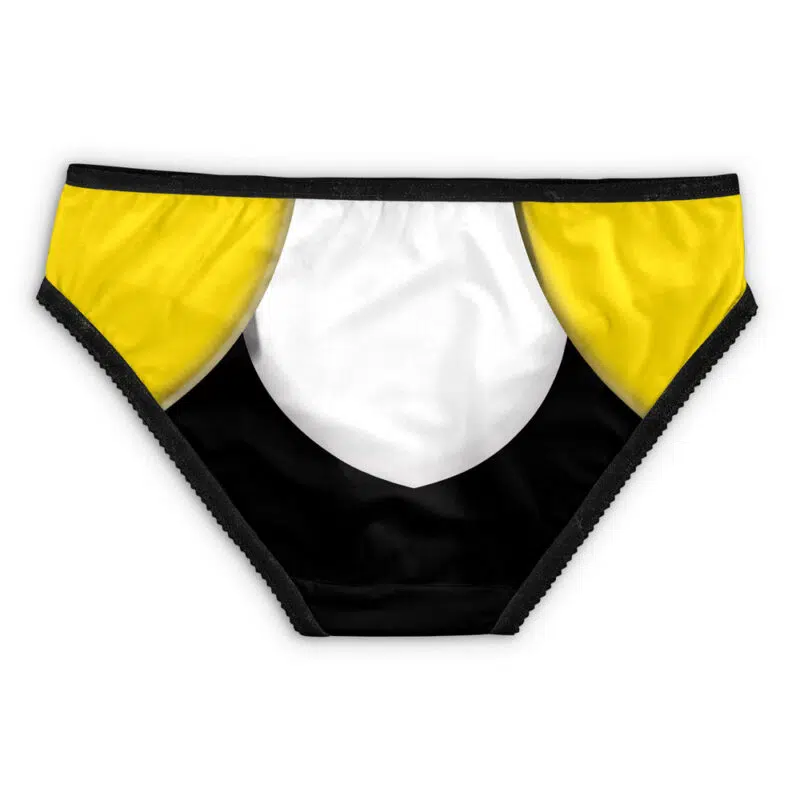 The Silver Psycho Psycho Ranger Panties (Copy) are bikini-style underwear with a striking color-block design: yellow sides, white center, black bottom, and black trim.