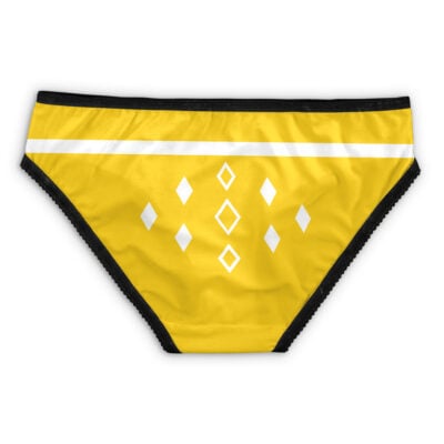 The White Ranger Ninjetti Power Rangers Panties feature yellow fabric with black trim, a white stripe near the top, and a front pattern of white diamonds arranged vertically and diagonally.