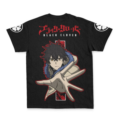 The Yami Honorable Black Clover Streetwear T-Shirt features an illustrated character on the back with one hand extended, red Japanese text and BLACK CLOVER above, plus white emblems on both sleeves.
