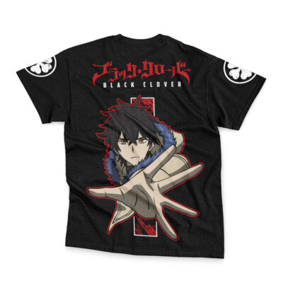 The Yami Honorable Black Clover Streetwear T-Shirt features a bold anime character illustration, red Japanese and English "Black Clover" text above, and white sleeve symbols on a stylish black tee.