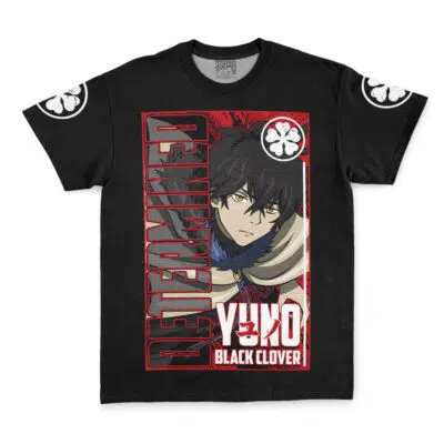 The Yami Honorable Black Clover Streetwear T-Shirt features a dark-haired anime character, "DETERMINED" in red, YUNO and BLACK CLOVER text, plus white clover symbols on the sleeves and background.