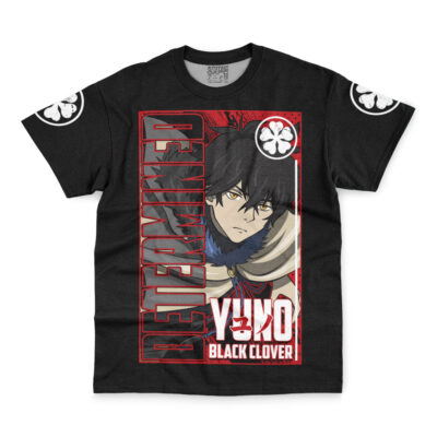 The Yami Honorable Black Clover Streetwear T-Shirt is black, features an anime character with dark hair and green eyes, bold red “DETERMINED” and “YUNO BLACK CLOVER” text, plus white clover emblems on each sleeve.