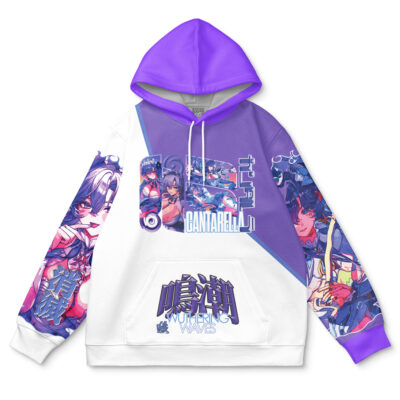 The Zani Wuthering Waves Streetwear Hoodie features anime-style characters, vivid purple and white geometric shapes, and stylized "CANTARELLA" and "Wuthering Waves" text on the front and sleeves.
