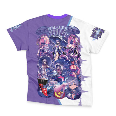 The Zani Wuthering Waves Streetwear T-Shirt (Copy) features purple and white halves, colorful anime-style characters in dynamic poses on the back, and "HEAD OF THE TABLE" text at the top.