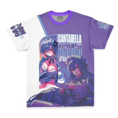 The Zani Wuthering Waves Streetwear T-Shirt features anime-style art of two long-haired female characters—one standing, one reclining—in purple and white, with bold “CANTARELLA” text and other stylized lettering.
