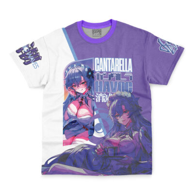 The Zani Wuthering Waves Streetwear T-Shirt (Copy) is a short-sleeved tee with purple and white color blocks, anime-style art of two female characters, Japanese and English text, plus graphic designs on the sleeves and chest.
