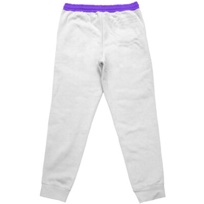 The Zani Wuthering Waves Streetwear Sweatpants (Copy) are white with a purple elastic waistband, laid flat to show the back. They feature fitted ankle cuffs for a comfortable streetwear style.