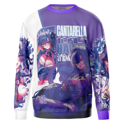 The Zani Wuthering Waves Streetwear Sweatshirt showcases anime-style art of a blue-haired girl in multiple poses, set against purple and white backgrounds, with “CANTARELLA” in stylized Japanese and English text on the front.