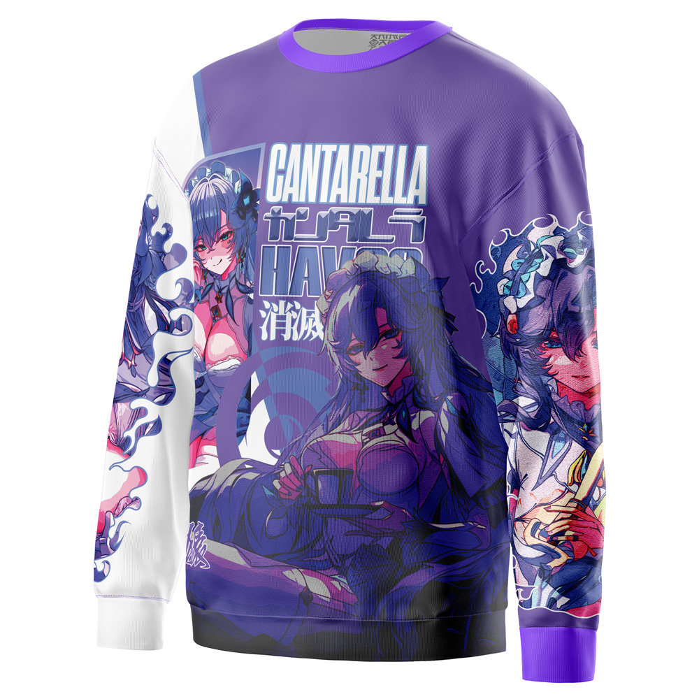 The Zani Wuthering Waves Streetwear Sweatshirt features vibrant anime-style art of a purple-haired character in various poses, Japanese text, and "CANTARELLA" on a purple, white, and blue background.