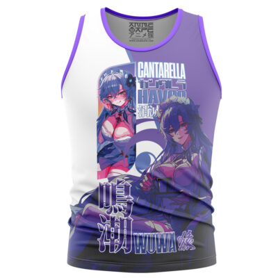 The Zani Wuthering Waves Streetwear Tank Top is a sleeveless top with purple trim, showcasing anime-style art of two female characters, Japanese text, and bold "CANTARELLA" and "HAVOC" on the front.