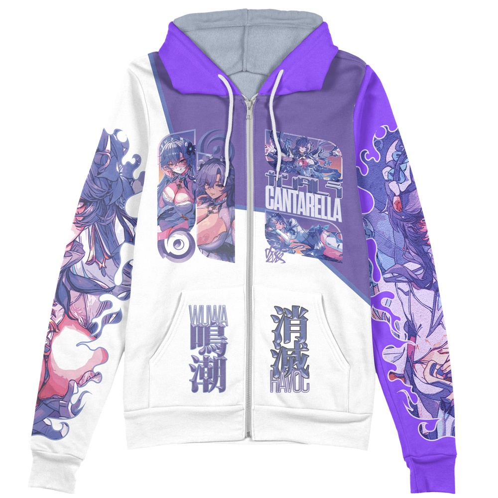 The Zani Wuthering Waves Streetwear Zip Hoodie Jacket in purple and white showcases bold anime-inspired female character art, Japanese text, and "CANTARELLA" printed on the front and sleeves.