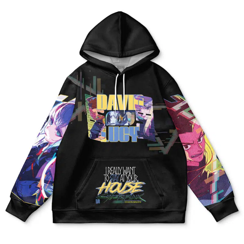 The Rei Ayanami V2 Neon Genesis Evangelion Streetwear Hoodie features colorful anime-style sleeve art, DAMN LUCK on the chest, and I REALLY WANT TO STAY AT YOUR HOUSE on the front pocket.