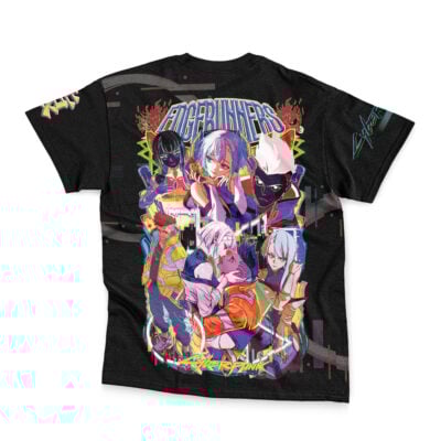 Black Rei Ayanami V2 streetwear t-shirt inspired by Neon Genesis Evangelion, showcasing vibrant anime-style Rei Ayanami art with dynamic futuristic design on the back.